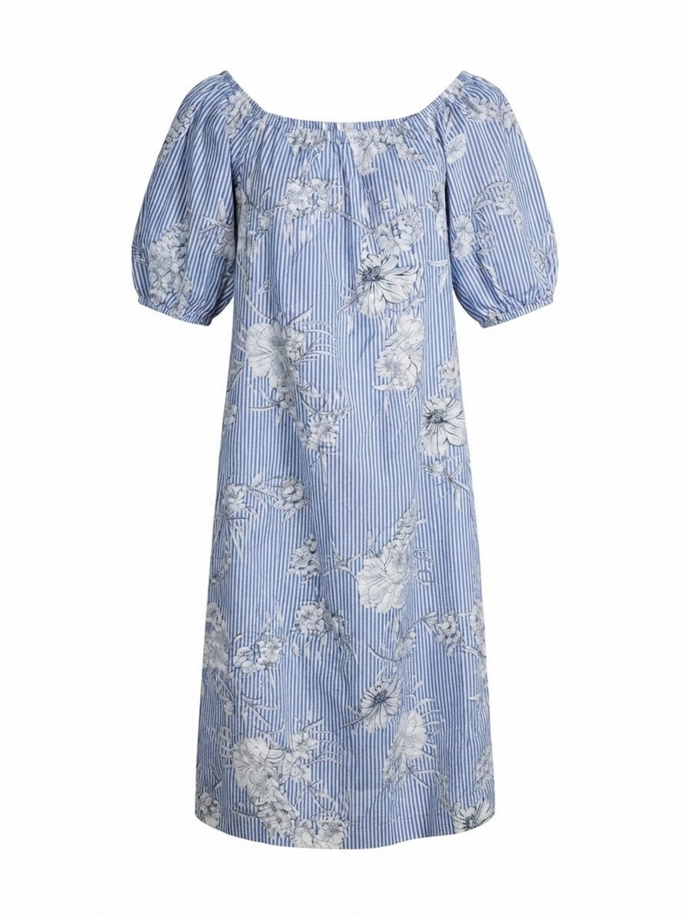 Blue White Stripe Floral Midi Dress Size XL 100% Cotton Off Shoulder Puff Sleeve